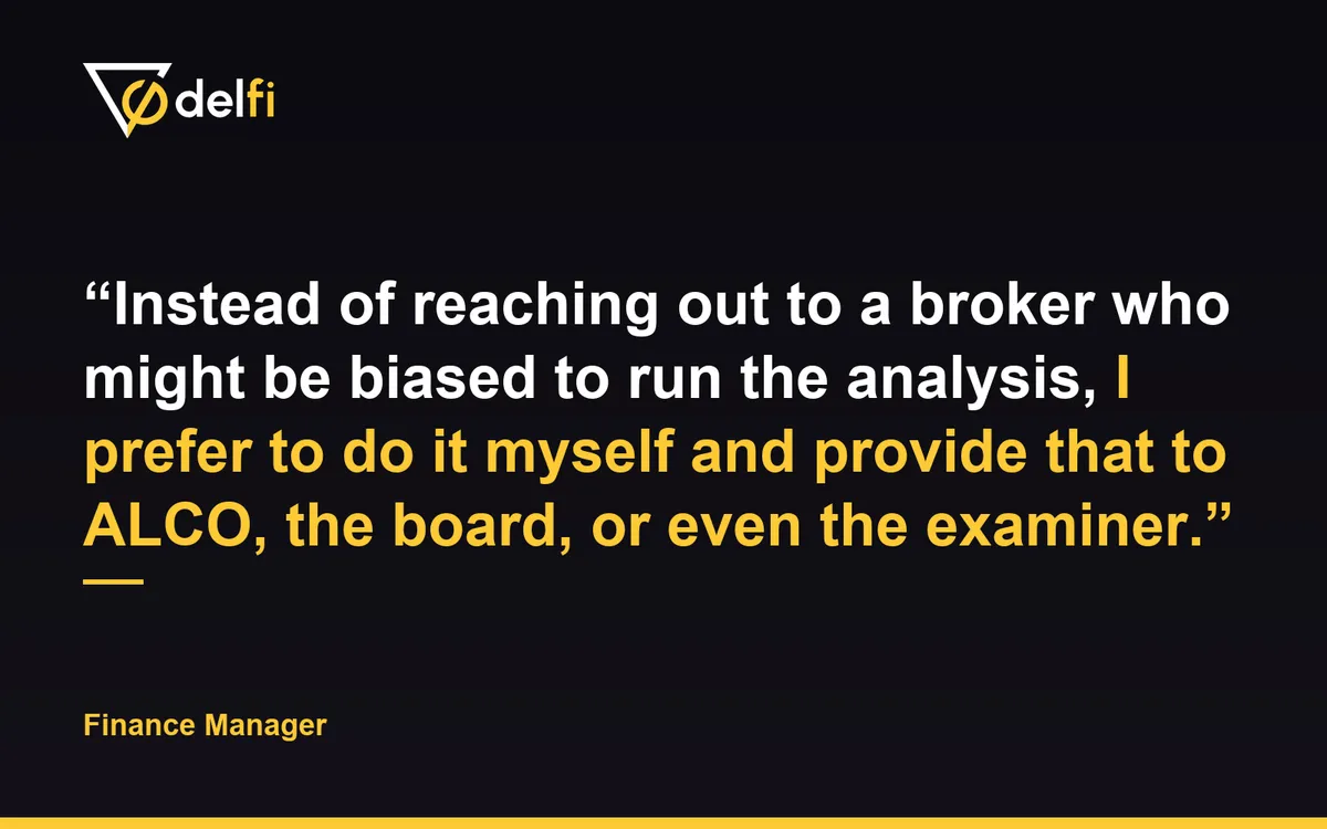 Quote card: Instead of reaching out to a broker who might be biased to run the analysis, I prefer to do it myself and provide that to ALCO, the board, or even the examiner. Finance Manager.