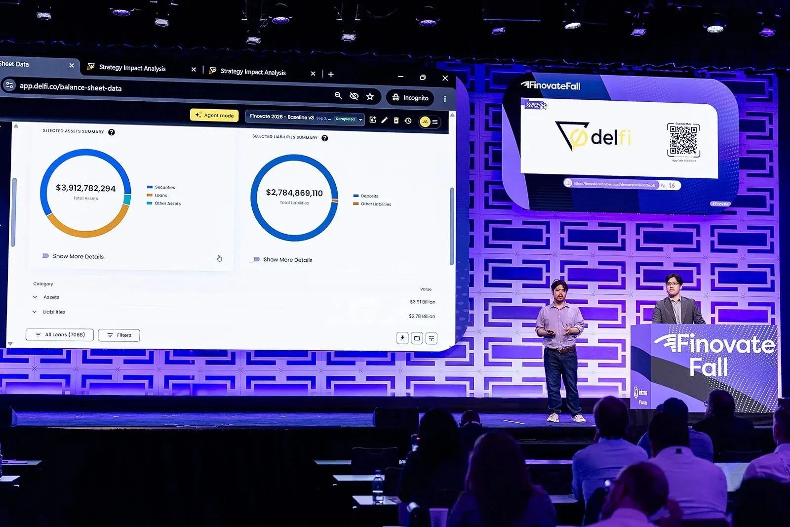 Delfi on the FinovateFall 2026 main stage, with the Overwatch balance sheet view showing total assets and total liabilities on the display behind the presenters.